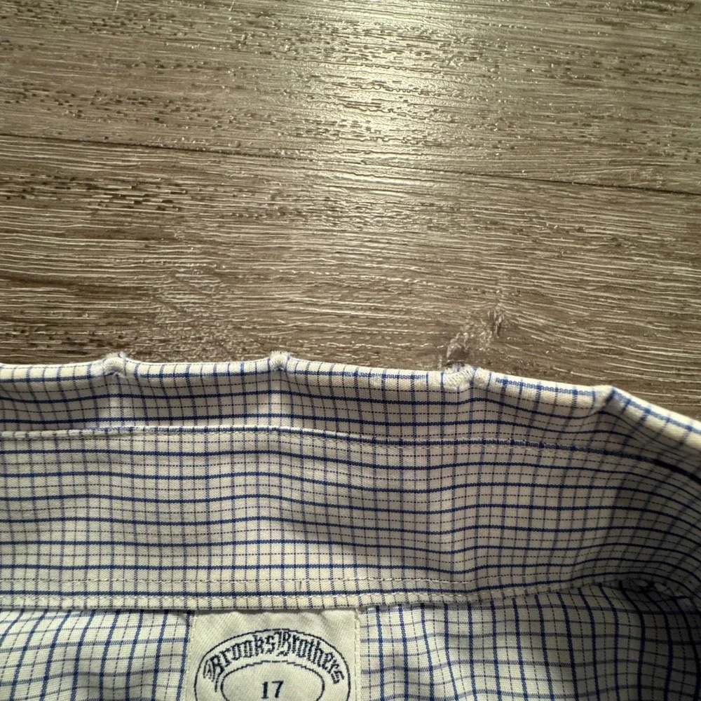 Vintage Brooks Brothers Shirt Mens 17 Blue White Check Cotton Slim Fit Non Iron